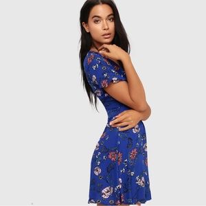 Lulus Botanical Bounty Blue Floral Print Skater Dress Size S